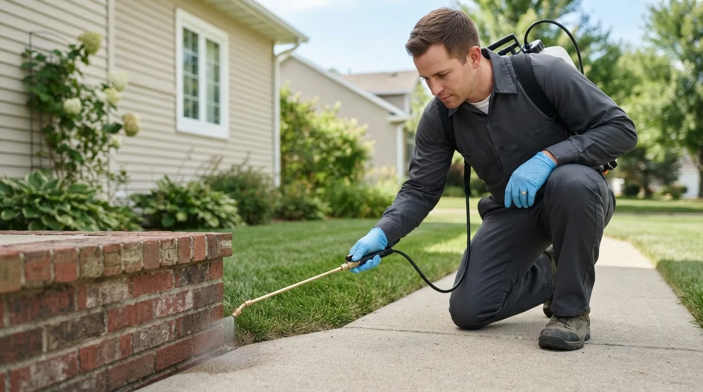 Pest control technician treating a home near Gonvick, MN